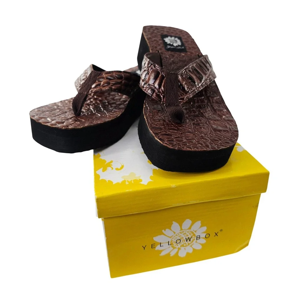 Yellow Box Toga Brown Croc Embossed Leather Platform Flip Flop Sandals Womens 7 - Picture 2 of 10